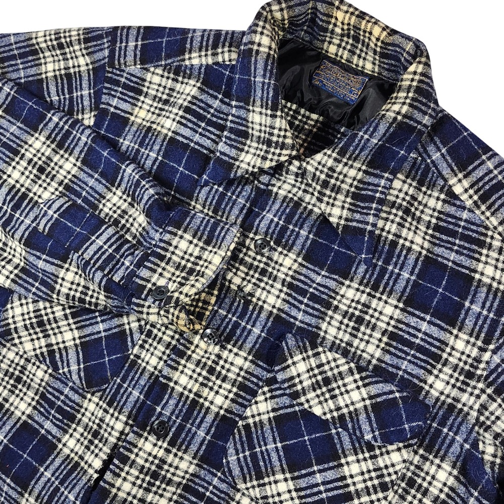 Pendleton Wool Plaid‎ Shirt Large Blue Cream Vintage USA Flaws Holes Stains Read